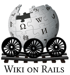 Logo wiki on rails Logo costituito dal globo wikipedia portato su rotaie da un veicolo dotato di tre grosse ruote di locomotiva a vapore