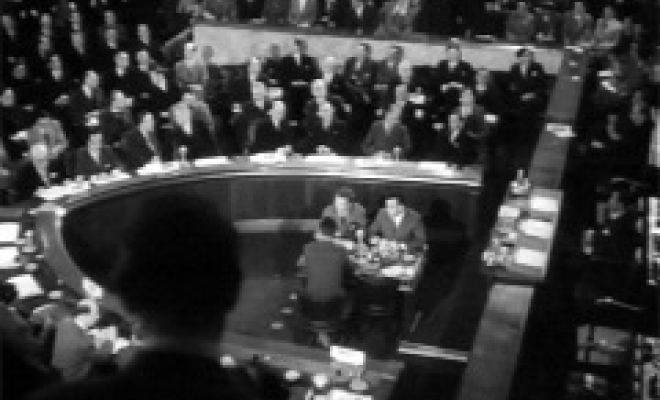 Vista della sala dove si tenne la conferenza di Ginevra sulla Corea e l'Indocina, tratta dal cinegiornale svizzero del 7.5.1954