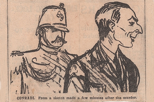 Bild aus dem Daily Herald vom 17. November 1923. Schlagzeilen: «Acquittal of Conradi», «Amazing Verdict of Swiss Jury», «Natural Sequel to one-sided Trial», aus: E4320A#1000/849#68* Bild aus dem Daily Herald vom 17. November 1923. Schlagzeilen: «Acquittal of Conradi», «Amazing Verdict of Swiss Jury», «Natural Sequel to one-sided Trial», aus: E4320A#1000/849#68*