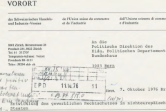 Allzeit bereit, sich für die Verteidigung von Schweizer Wirtschaftsinteressen im Ausland einzusetzen. Briefkopf eines Schreibens von Vororts-Präsident G. Winterberger an das Politische Departement vom 7. Oktober 1976, dodis.ch/49928. Allzeit bereit, sich für die Verteidigung von Schweizer Wirtschaftsinteressen im Ausland einzusetzen. Briefkopf eines Schreibens von Vororts-Präsident G. Winterberger an das Politische Departement vom 7. Oktober 1976, dodis.ch/49928.
