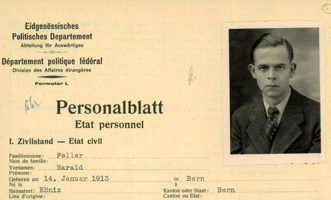 Extrait de l'État personnelle de Harald Feller de l'DPF, cf. CH-BAR#E2500#1000/719#122*.