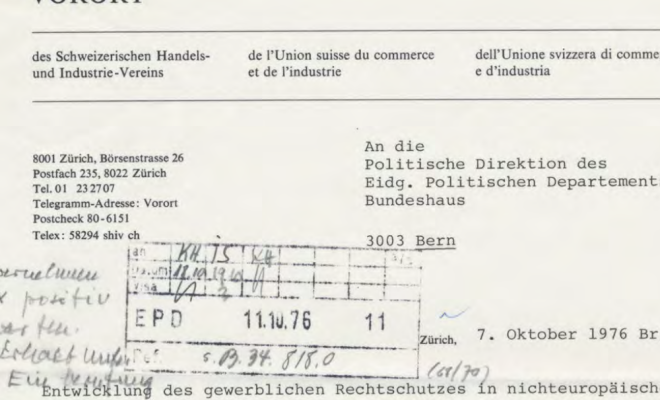 Sempre pronti a difendere gli interessi economici svizzeri all’estero. Intestazione di una lettera scritta dal presidente del Vorort G. Winterberger al Dipartimento politico il 7 ottobre 1976, dodis.ch/49928.