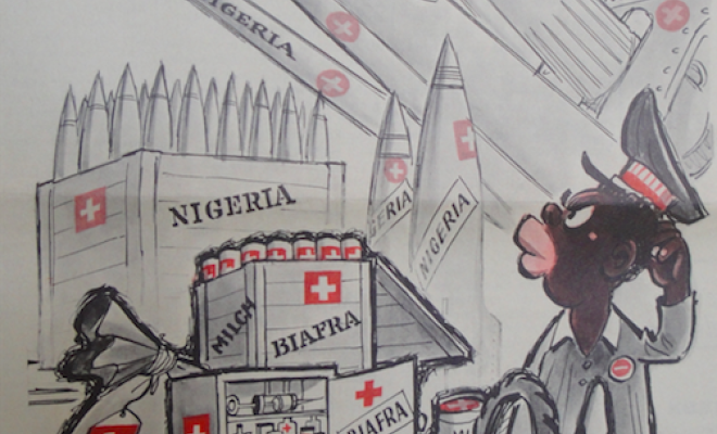 Janusköpfige «Post aus der Schweiz»: So stellte die Satirezeitschrift Nebelspalter am 11. Dezember 1968 (S. 11) das Nebeneinander der Lieferungen von Kriegsmaterial und Hilfsgütern der Schweiz nach Nigeria dar.