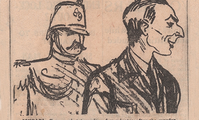 Illustrazione del Daily Herald del 17 novembre 1923. Titoli: «Assoluzione di Conradi», «Incredibile verdetto della giuria svizzera», «Conseguenza naturale di un giudizio a senso unico», da: E4320A#1000/849#68*