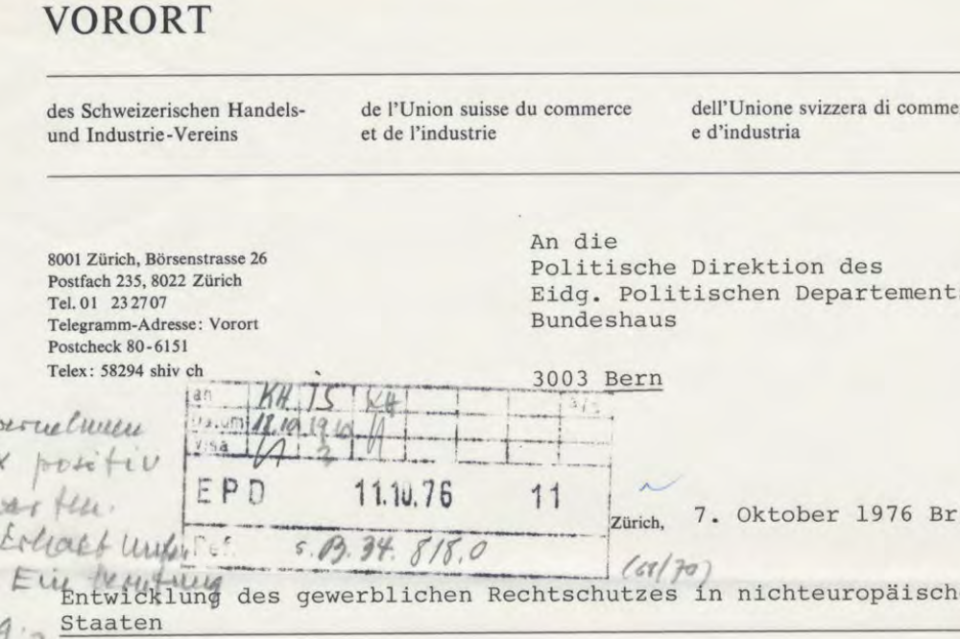 Sempre pronti a difendere gli interessi economici svizzeri all’estero. Intestazione di una lettera scritta dal presidente del Vorort G. Winterberger al Dipartimento politico il 7 ottobre 1976, dodis.ch/49928.