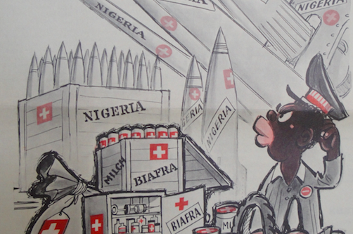 Janusköpfige «Post aus der Schweiz»: So stellte die Satirezeitschrift Nebelspalter am 11. Dezember 1968 (S. 11) das Nebeneinander der Lieferungen von Kriegsmaterial und Hilfsgütern der Schweiz nach Nigeria dar.