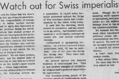 «The world's most urgent problem – Swiss imperialism.» Annonce du journal de l'université du Maryland